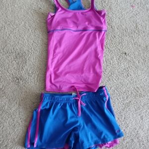 Purple and blue workout tank and shorts set